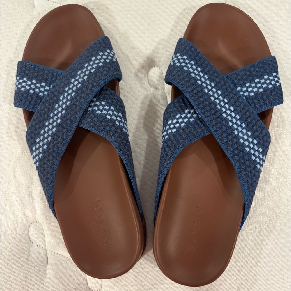 Rothy's The Weekend Slide Sandals in Indigo (Blue and Brown) Women’s size 11